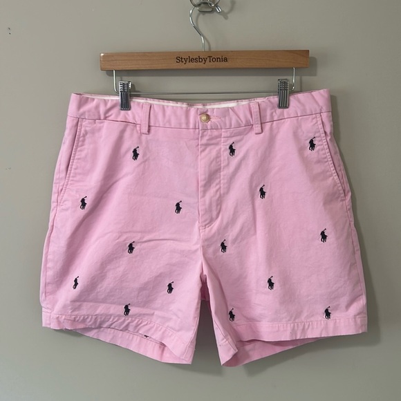 RALPH LAUREN Polo Men’s Tyler Shorts Stretch Pink All Over Navy Pony Chino Sz 36